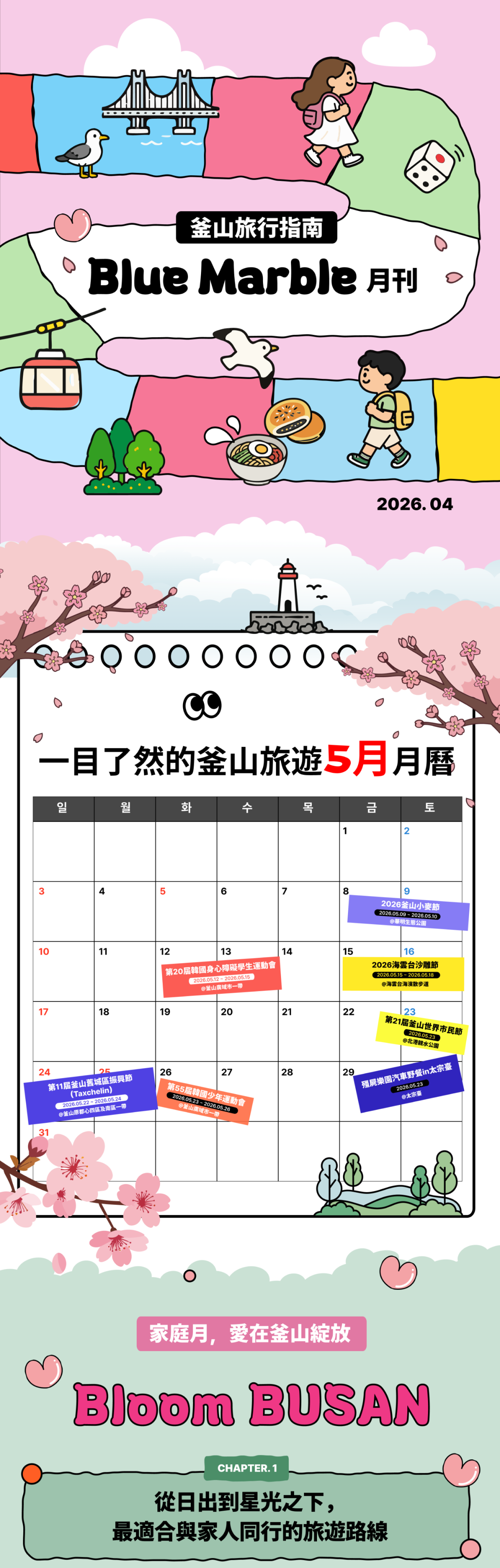 月刊 Blue Marble 2026年4月號 · 一目了然的釜山旅行日曆(5月) · Bloom BUSAN