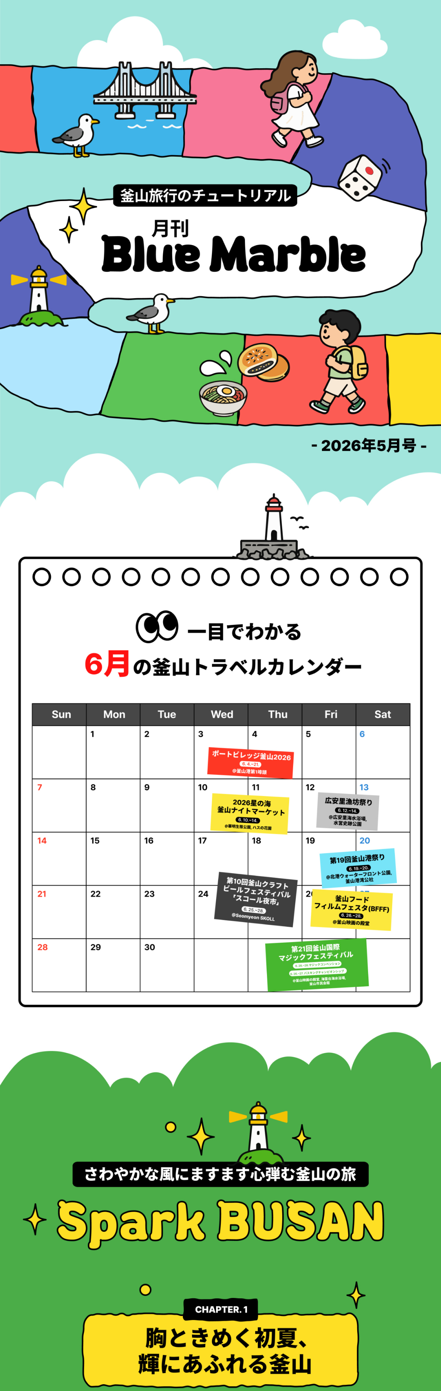 月刊 Blue Marble 2026年5月号 · 一目でわかる釜山トラベルカレンダー(6月) · Spark BUSAN